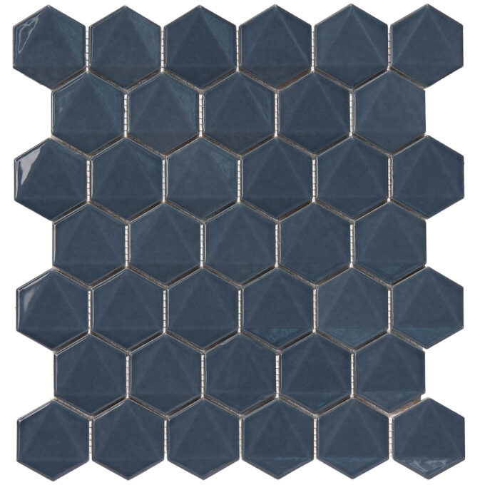 3D Hexagon 2" x 2" Blue Glossy Porcelain Mosaic Tile