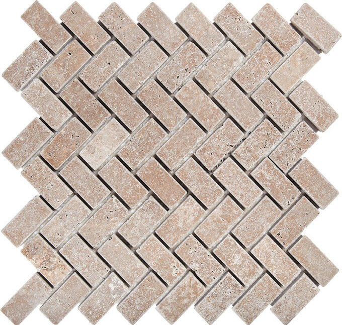 Tuscany Brown Travertine 1" x 2" Herringbone Tumbled Mosaic Tile